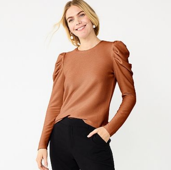 Nine West Tops - Nine West ribbed pleated long sleeves top, small, rust/ brown